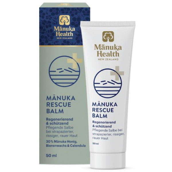 Manuka Health Rescue Balm Tube und Verpackung