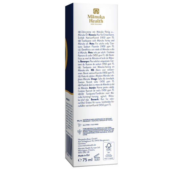 Manuka Health Zahnpasta mit Manuka Honig Fluorid Verpackung hinten
