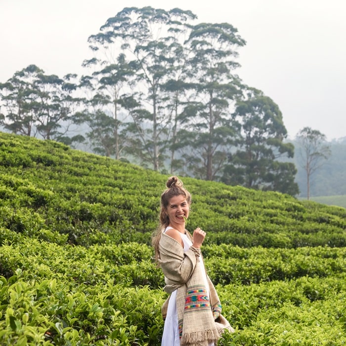 Eine Frau steht in einer Teeplantage in Asien