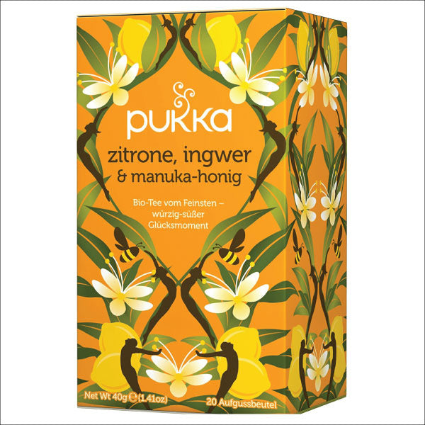 Pukka Manuka Honig Zitrone Ingwer Tee Ansicht Vorderseite schief Verpackung