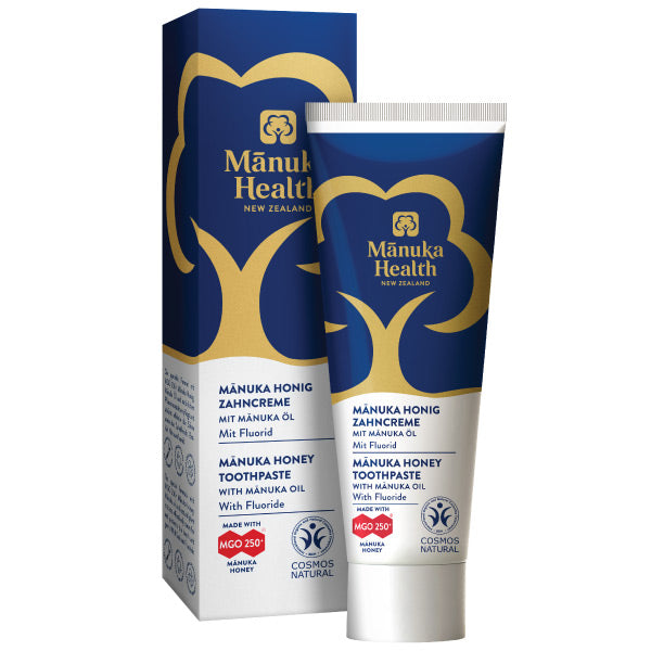 Manuka Health Zahnpasta mit Manuka Honig Fluorid Verpackung und Tube