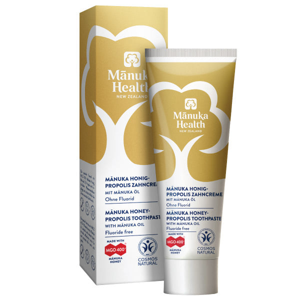 Manuka Health Zahnpasta mit Propolis Verpackung und Tube