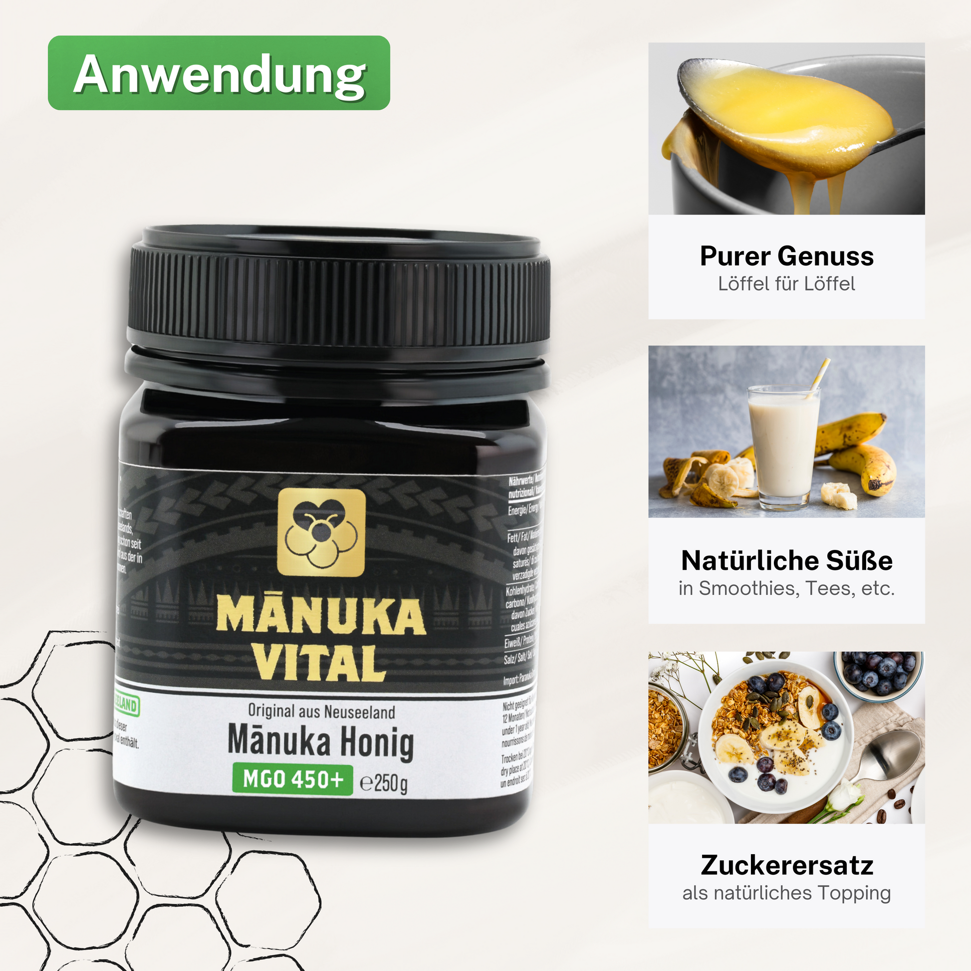 Manuka Vital Bild das die Anwendung als natürliches Süßungsmittel oder als Zuckerersatz zeigt