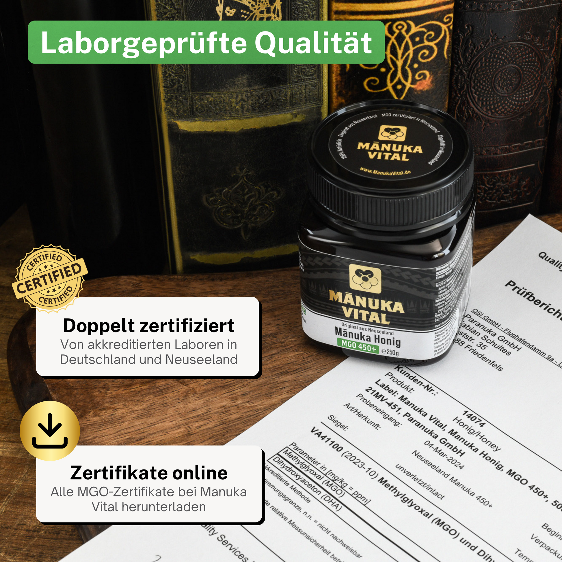 USP Bild des Manuka Vital Honigs auf einem Laborzertifikat