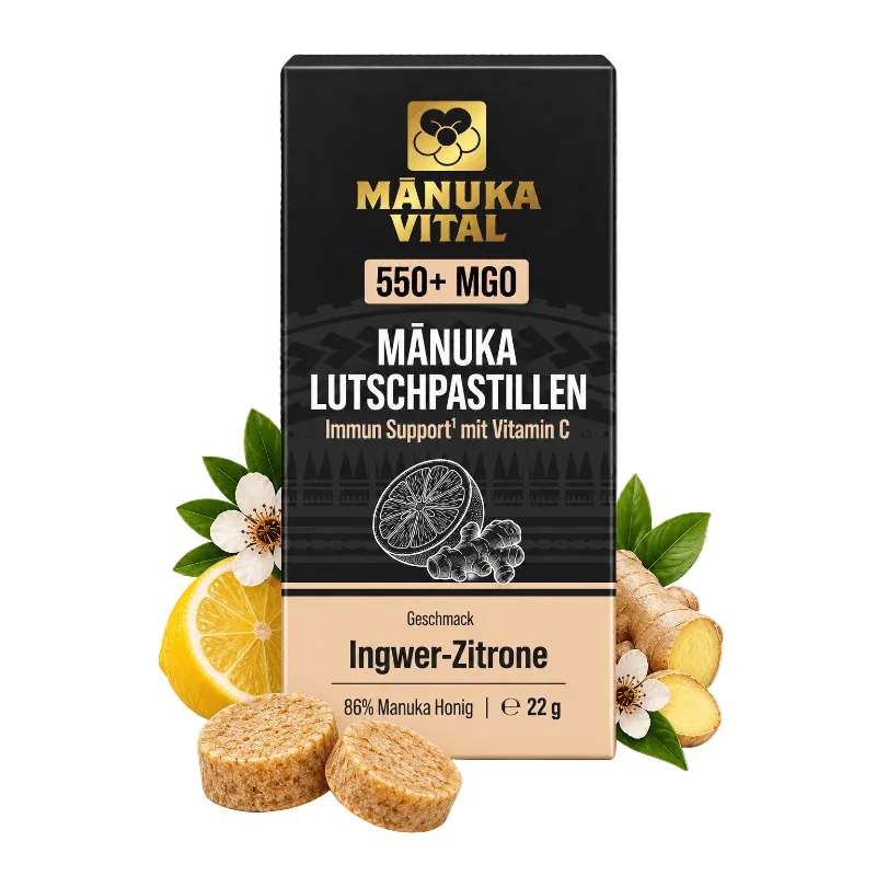 Produktbild front Manuka Vital Lutschpastillen Ingwer Zitrone
