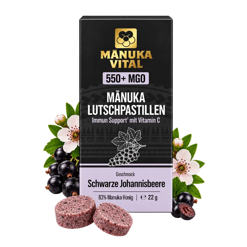 Verpackung Manuka Lutschpastillen Schwarze Johannisbeere