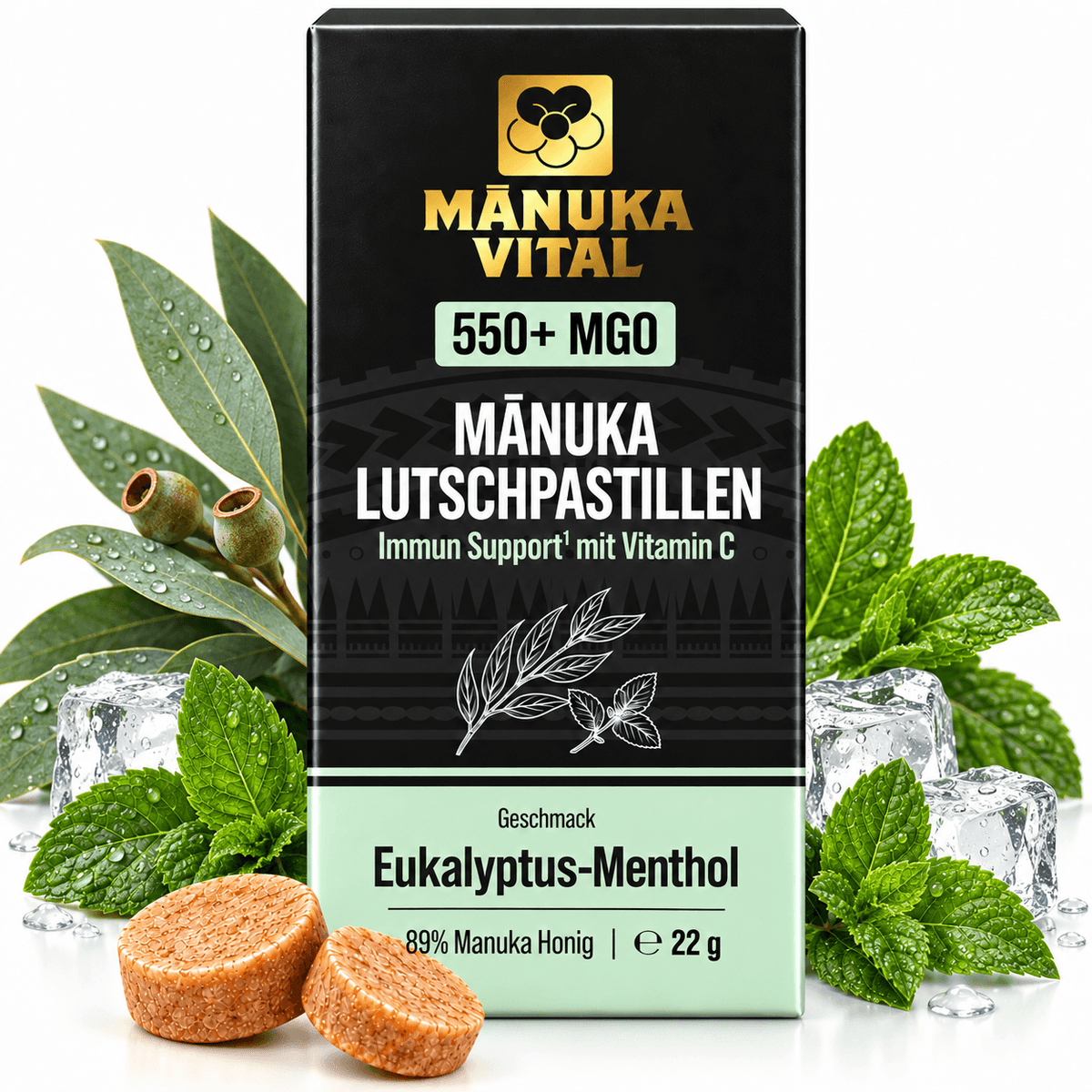 Manuka Lutschpastillen 550+ mit Eukalyptus-Menthol & Vitamin C