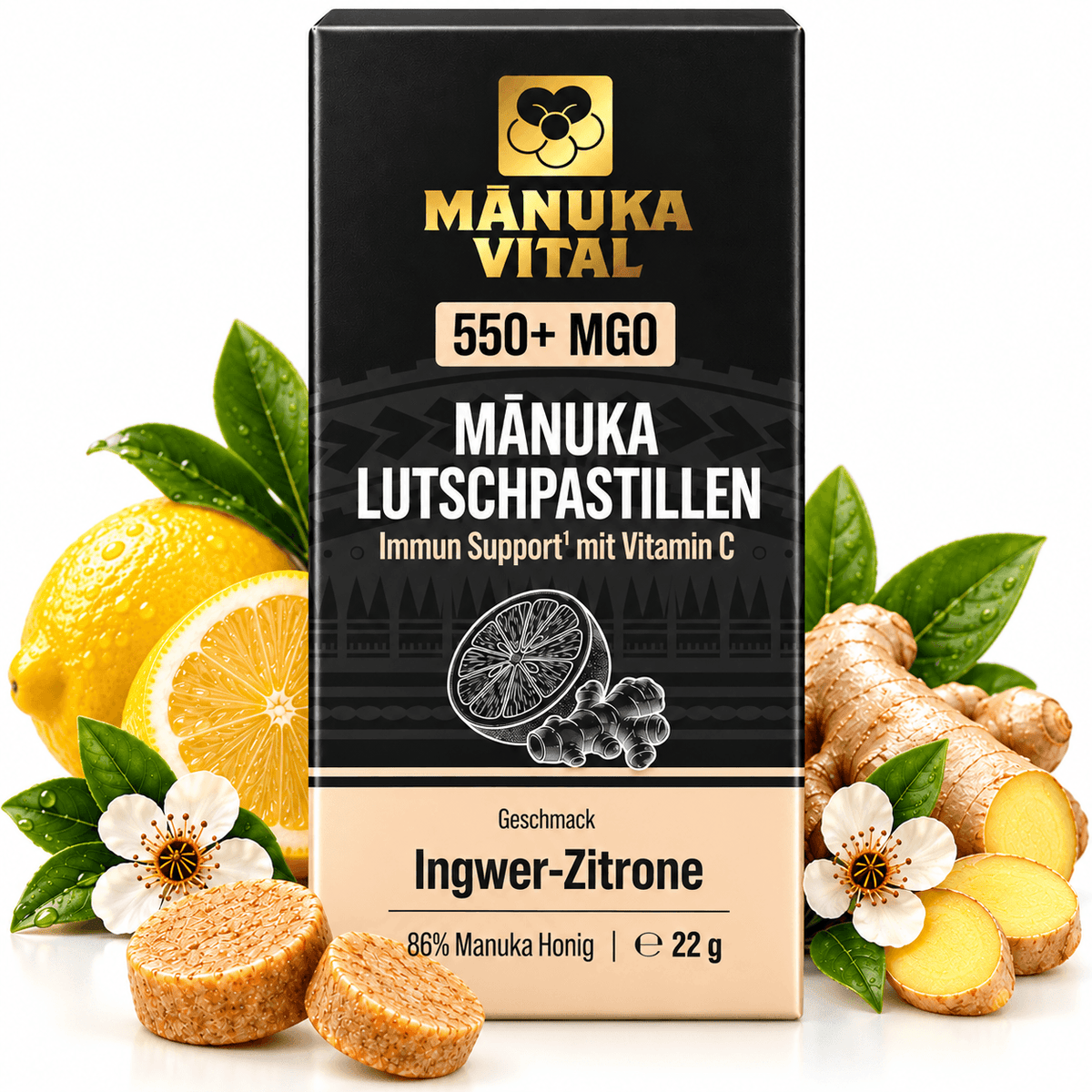 Manuka Lutschpastillen 550+ mit Ingwer-Zitrone & Vitamin C