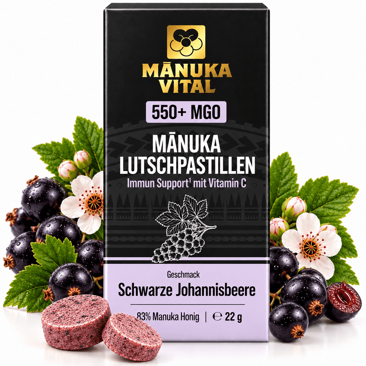 Manuka Lutschpastillen 550+ mit Schwarze Johannisbeere & Vitamin C