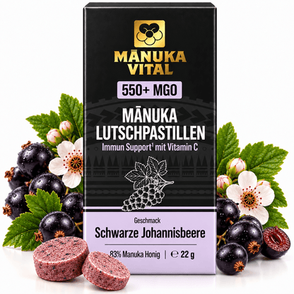Manuka Lutschpastillen 550+ mit Schwarze Johannisbeere & Vitamin C