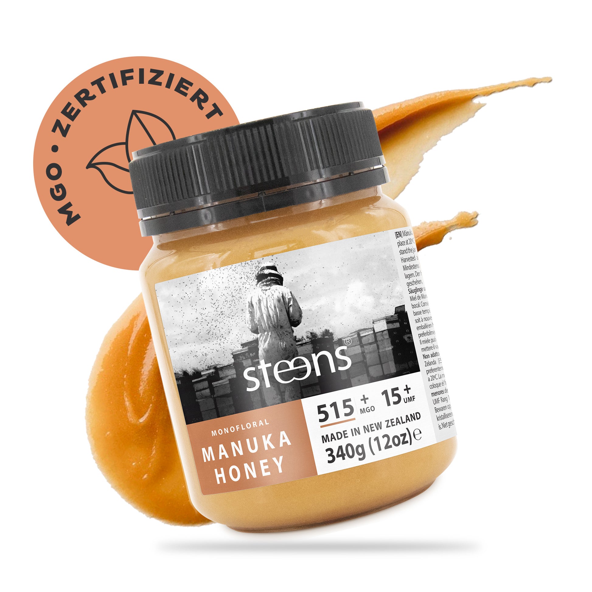 Steens Manuka Honig MGO 515+ Vorderseite und Tropfen Honig
