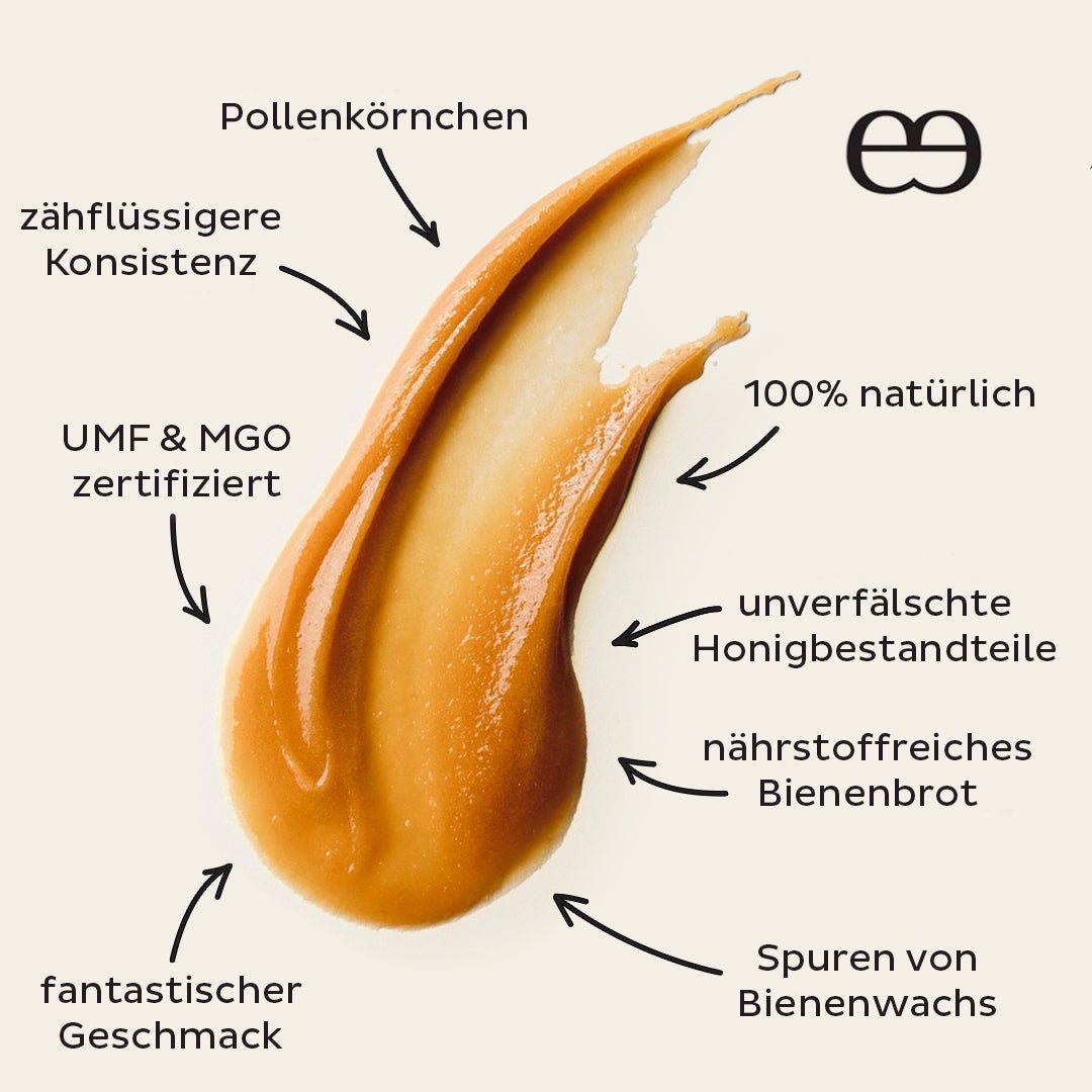 Steens Manuka Honig MGO 515+ Bild eines Teelöffels des Manuka Honigs