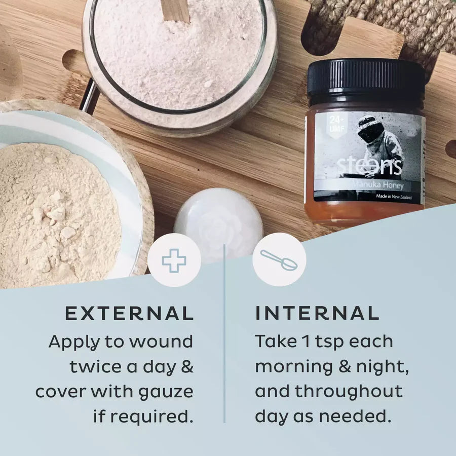 Steens Manuka Honig auf dem Tisch mit Backzutaten
