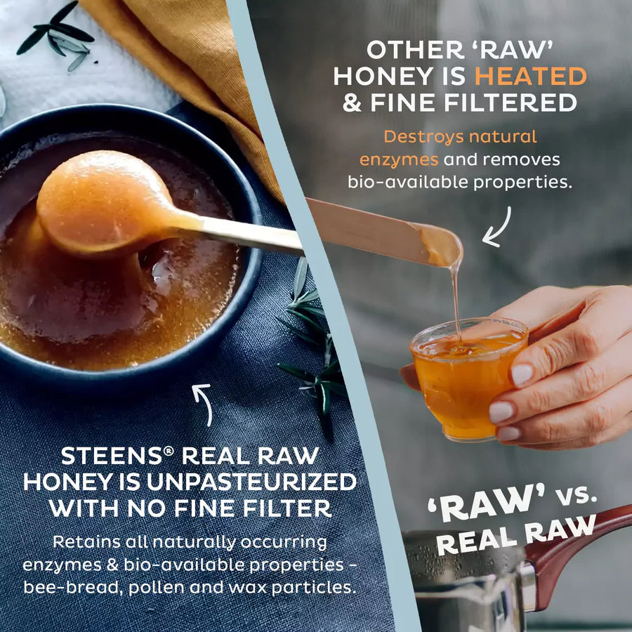 Steens Manuka Bild das den Honig auf dem Löffel zeigt
