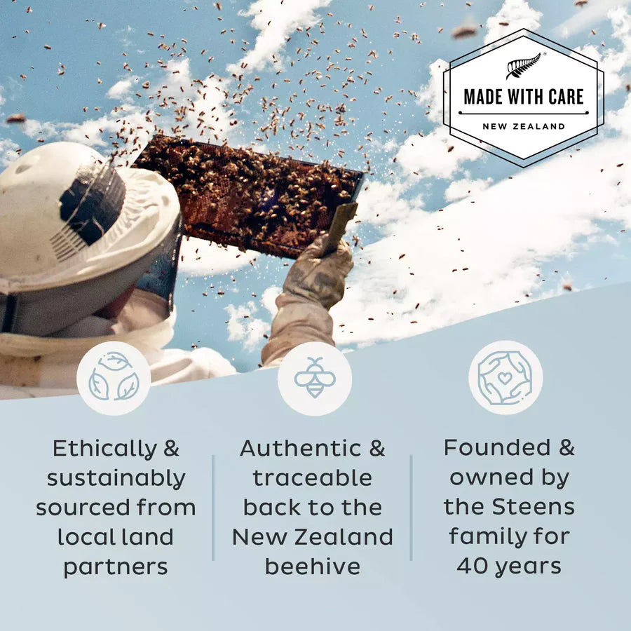 USP Steens Manuka Bild in Hellblau mit Imker und Bienen im Hintergrund