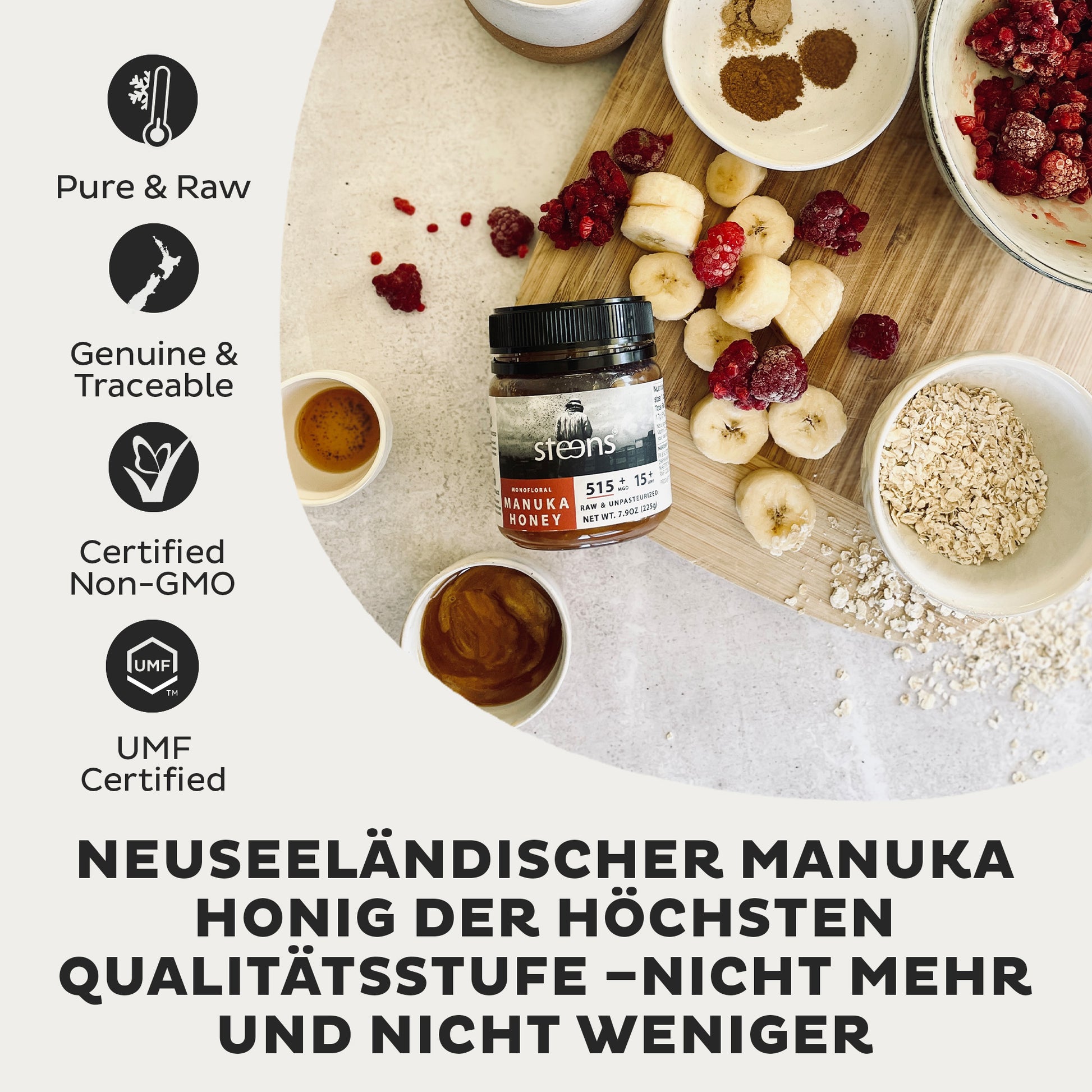 Steens Manuka Honig MGO 515+ beim Frühstücken und Müsli