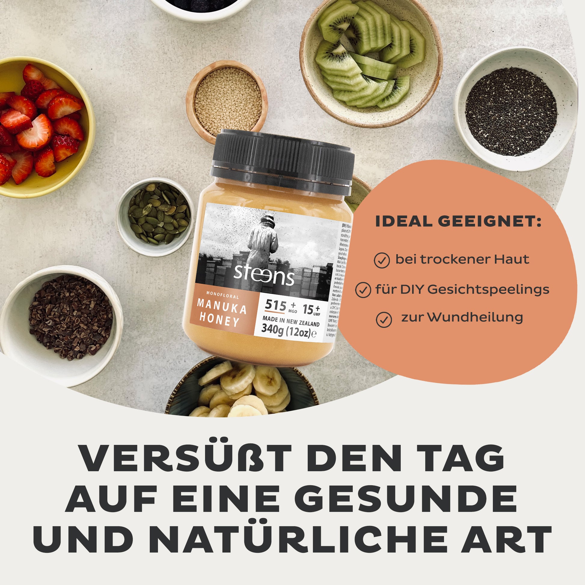 Steens Manuka Honig MGO 515+ auf fruchtigen Hintergrund