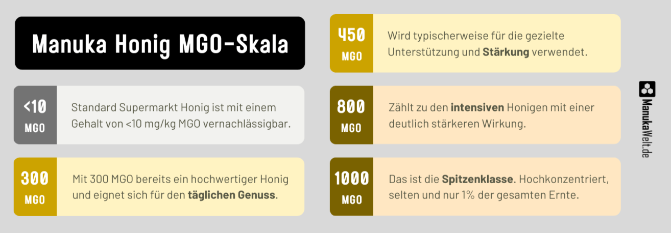 Manuka Honig MGO Skala mit den Stärken 10, 300, 450, 800 und 1000. Einordnung der MGO-Stärken in Querformat.