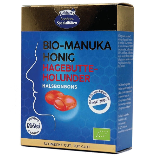 Liebharts Bio Manuka Honig Hagebutte-Holunder Bonbon Vorderseite