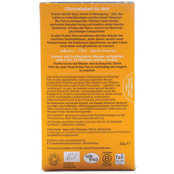 Pukka Manuka Honig Kamille Vanille Tee Rückseite Verpackung