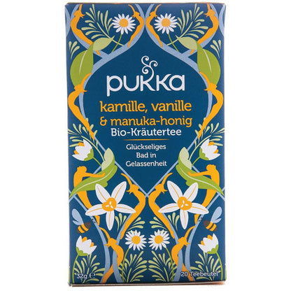 Pukka Manuka Honig Kamille Vanille Tee Ansicht Vorderseite Verpackung